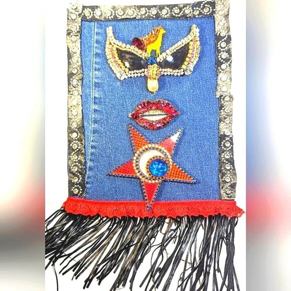 Wendy Gell Art canvas on denim bejeweled lips, encrusted sunglasses and fringe. - Picture 2 of 3